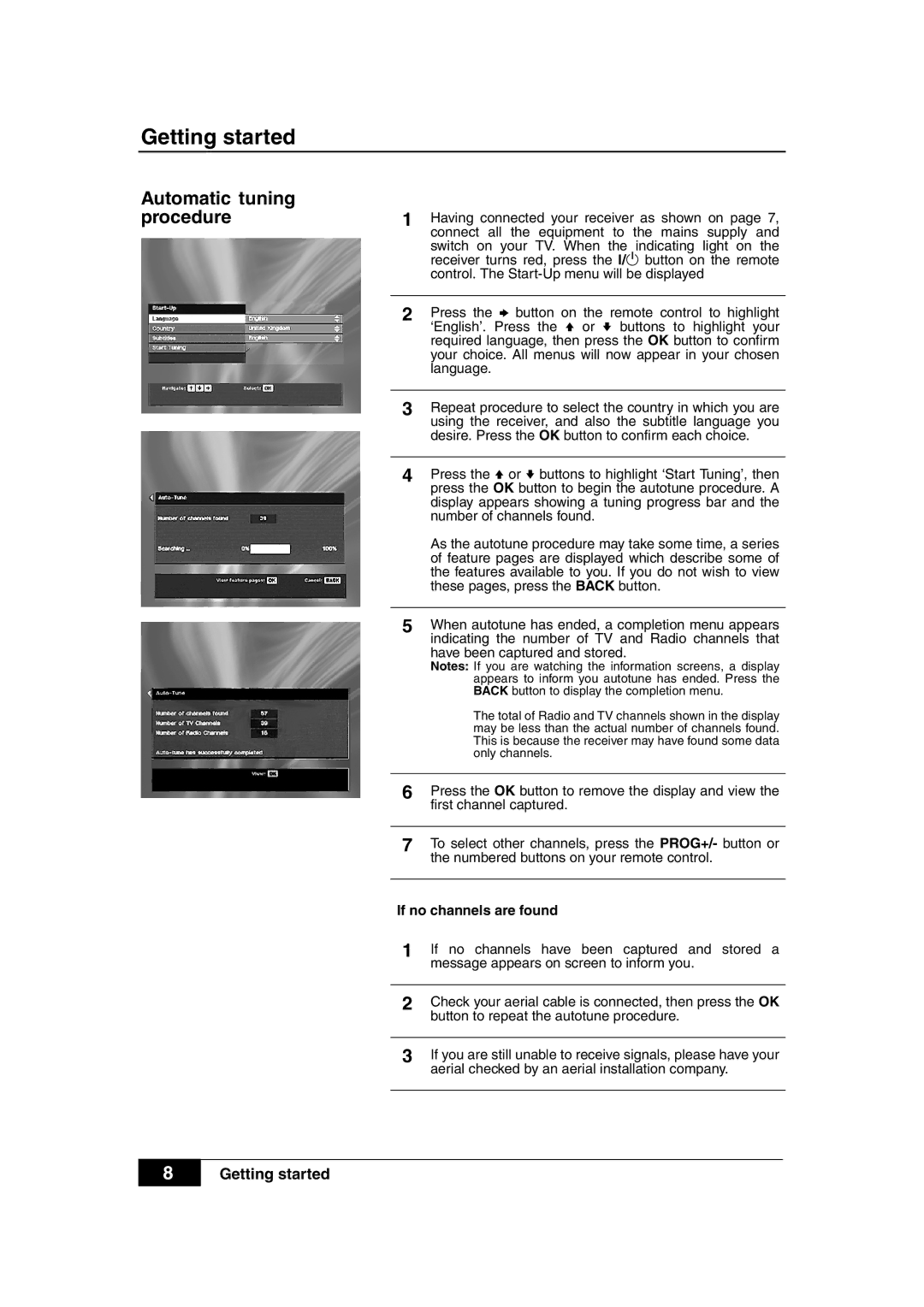 Sony VTX-D800U manual Automatic tuning procedure, If no channels are found 