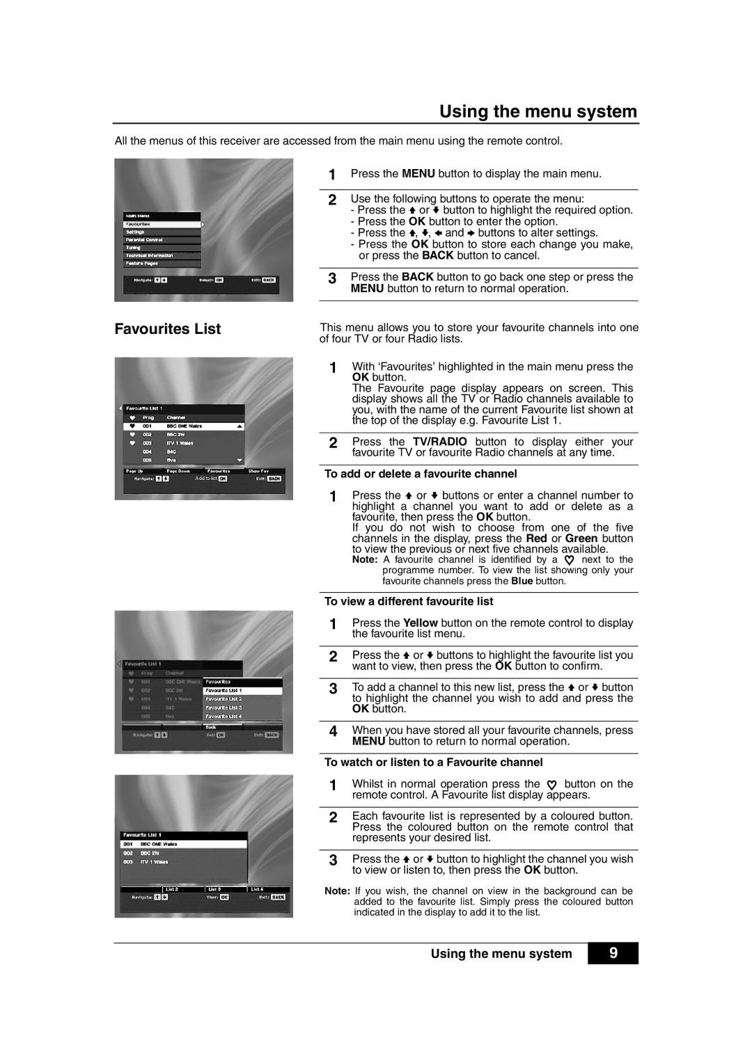 Sony VTX-D800U manual Using the menu system, Favourites List, To add or delete a favourite channel 