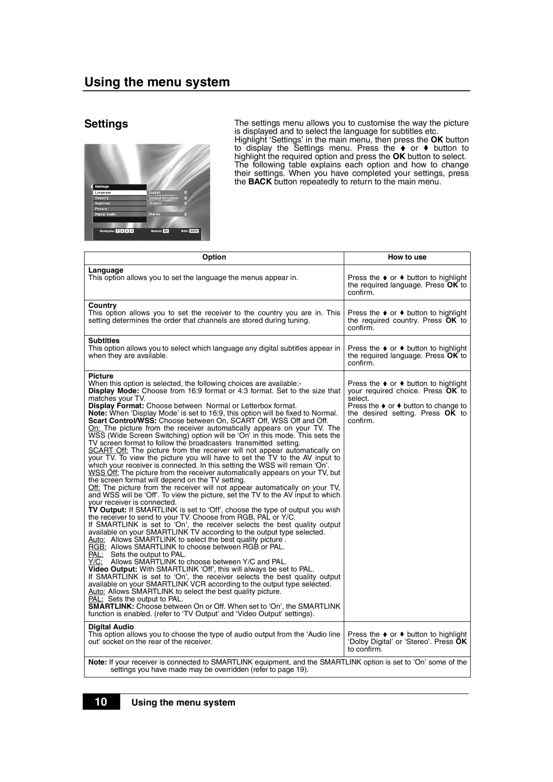 Sony VTX-D800U manual Settings, Option How to use Language 