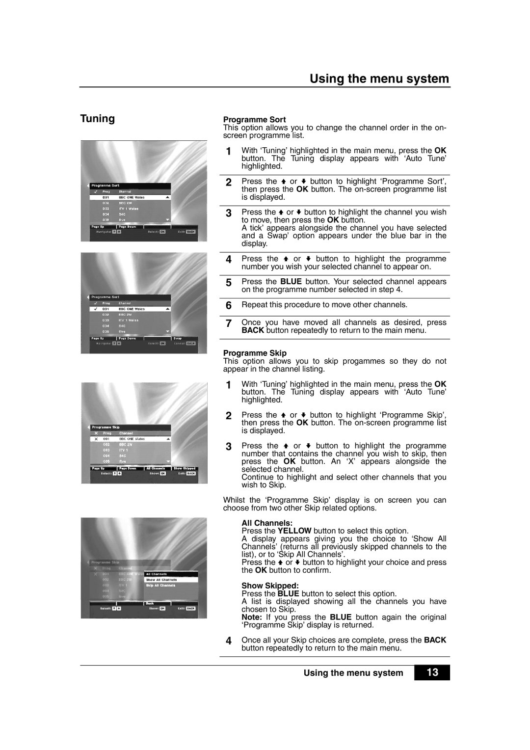 Sony VTX-D800U manual Programme Sort, Programme Skip, All Channels, Show Skipped 