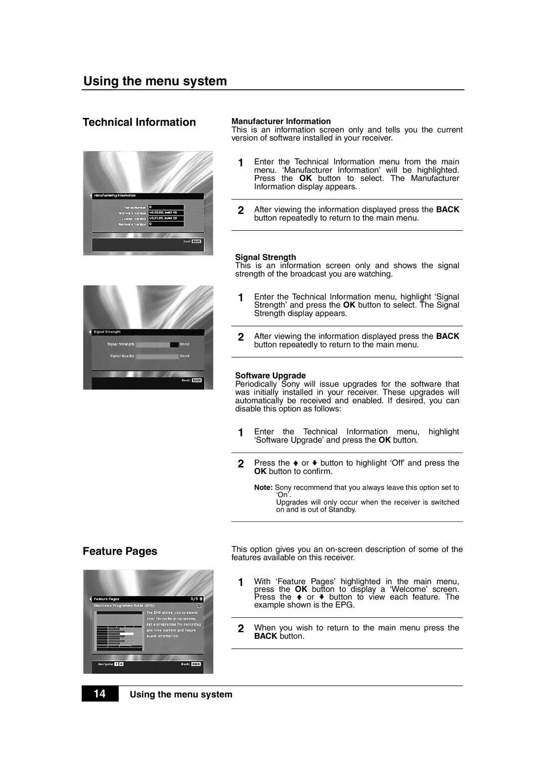 Sony VTX-D800U manual Technical Information, Feature Pages, Manufacturer Information, Signal Strength, Software Upgrade 