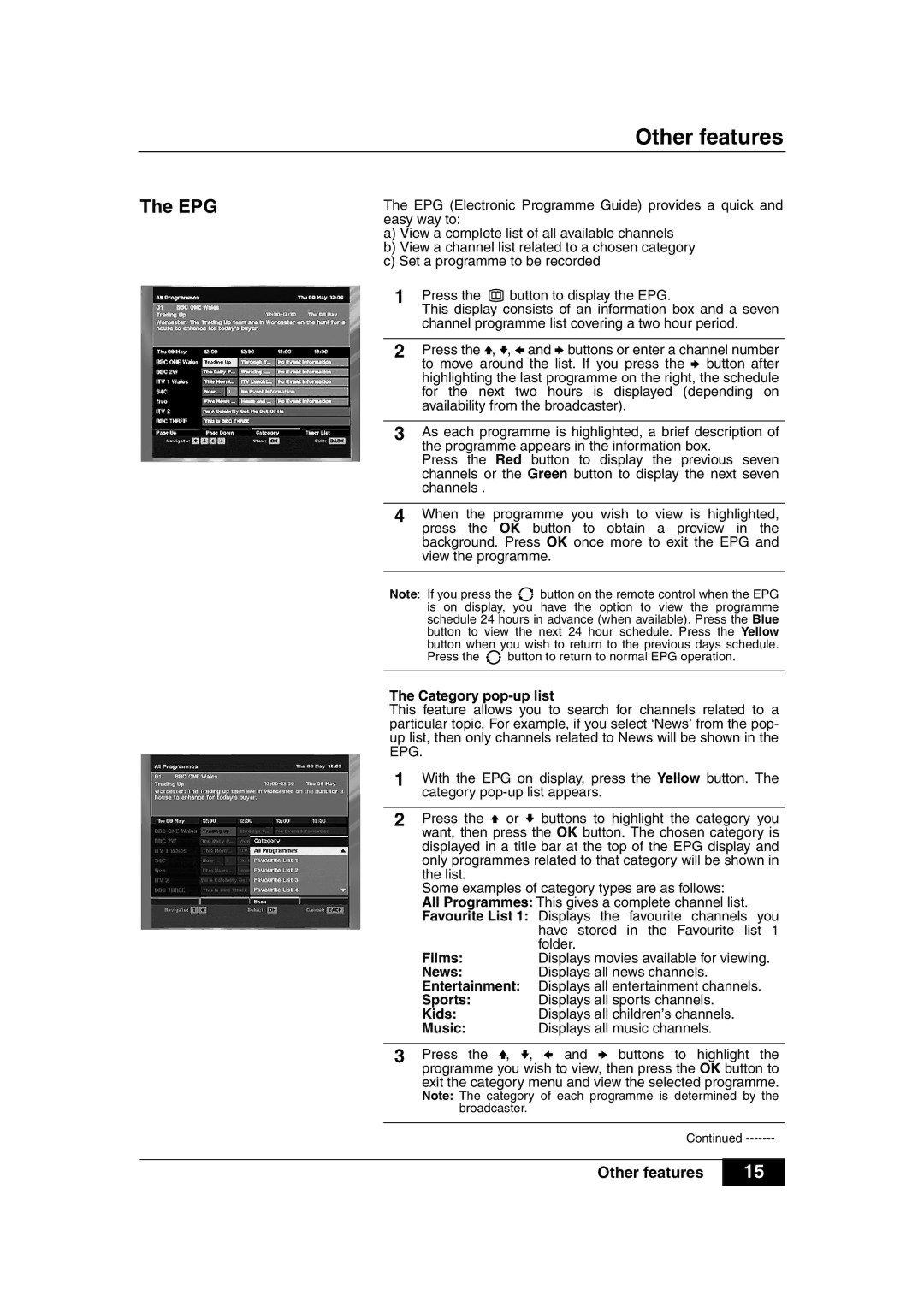 Sony VTX-D800U manual Other features, Epg, Category pop-up list 