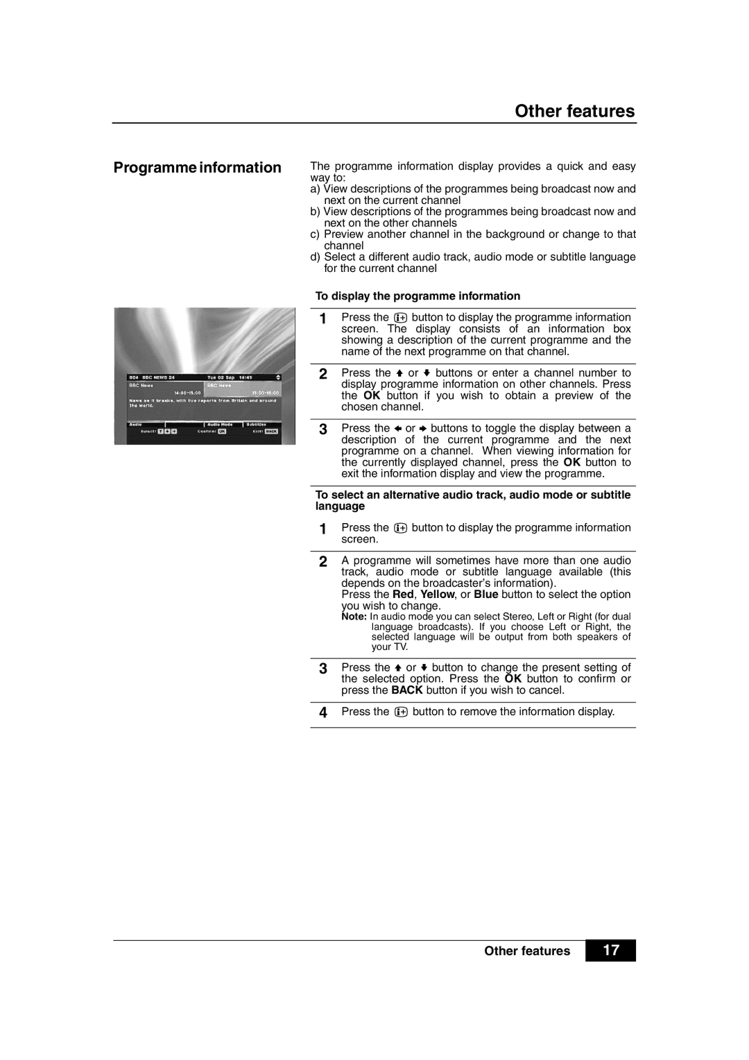 Sony VTX-D800U manual Programme information, To display the programme information 