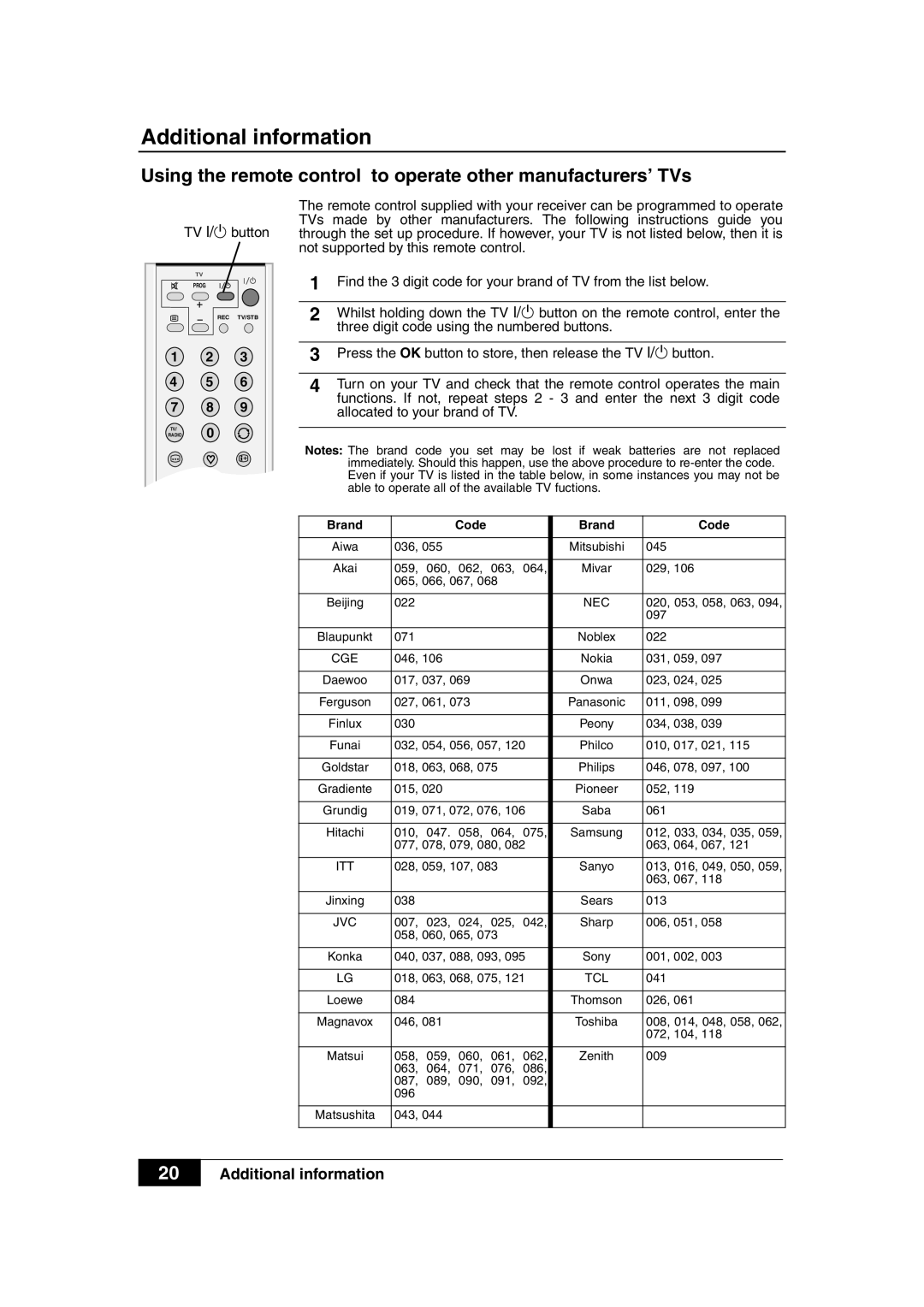 Sony VTX-D800U manual Additional information, Using the remote control to operate other manufacturers’ TVs 