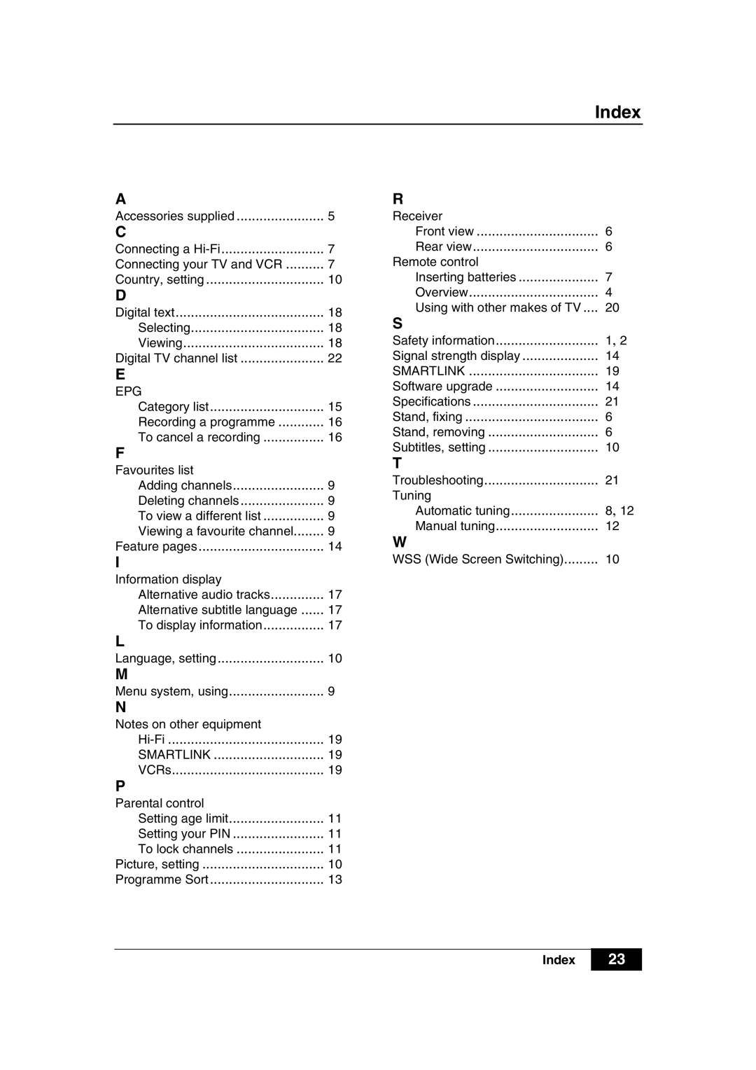 Sony VTX-D800U manual Index, Feature pages 