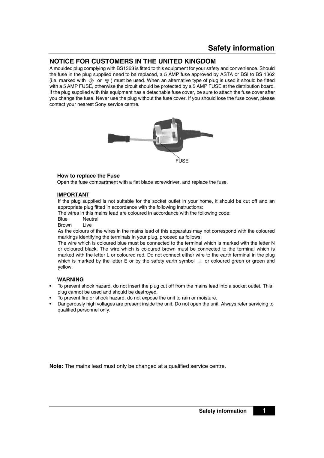 Sony VTX-D800U manual Safety information, How to replace the Fuse 