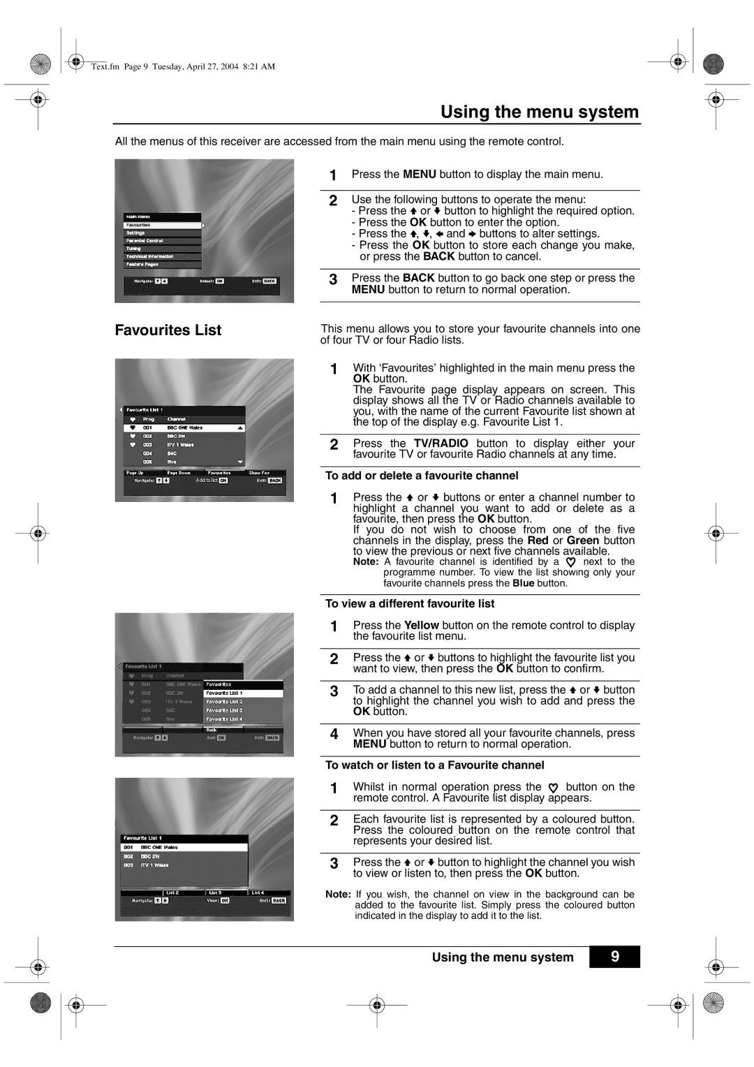 Sony VTX-D800U manual Using the menu system, Favourites List, To add or delete a favourite channel 