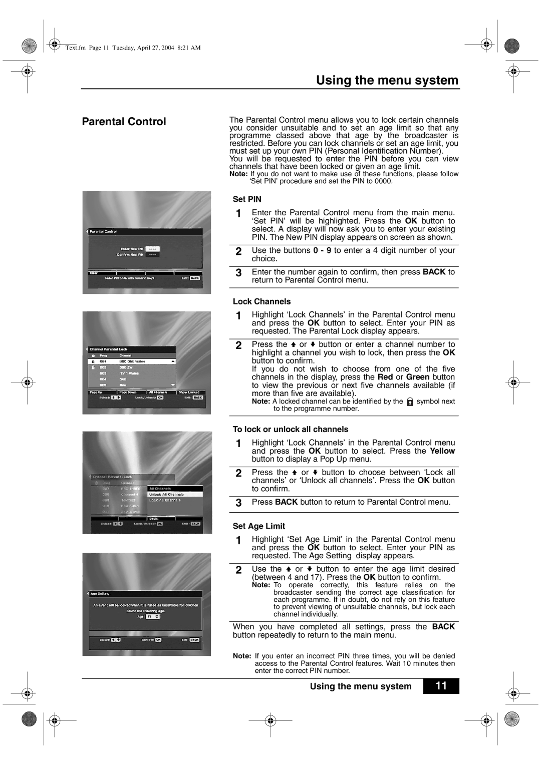 Sony VTX-D800U manual Parental Control, Set PIN, Lock Channels, To lock or unlock all channels, Set Age Limit 