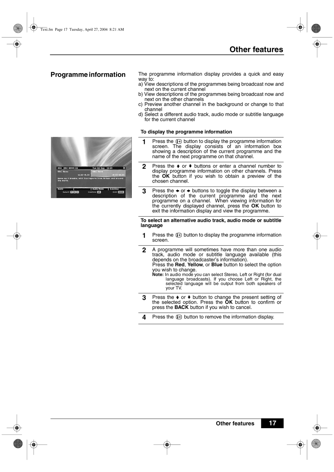 Sony VTX-D800U manual Programme information, To display the programme information 