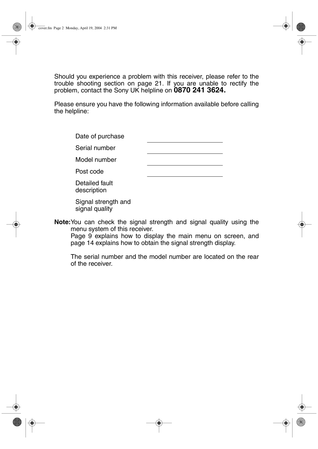 Sony VTX-D800U manual Cover.fm Page 2 Monday, April 19, 2004 231 PM 