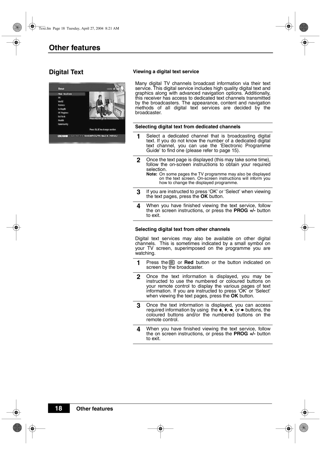 Sony VTX-D800U manual Digital Text, Viewing a digital text service, Selecting digital text from dedicated channels 