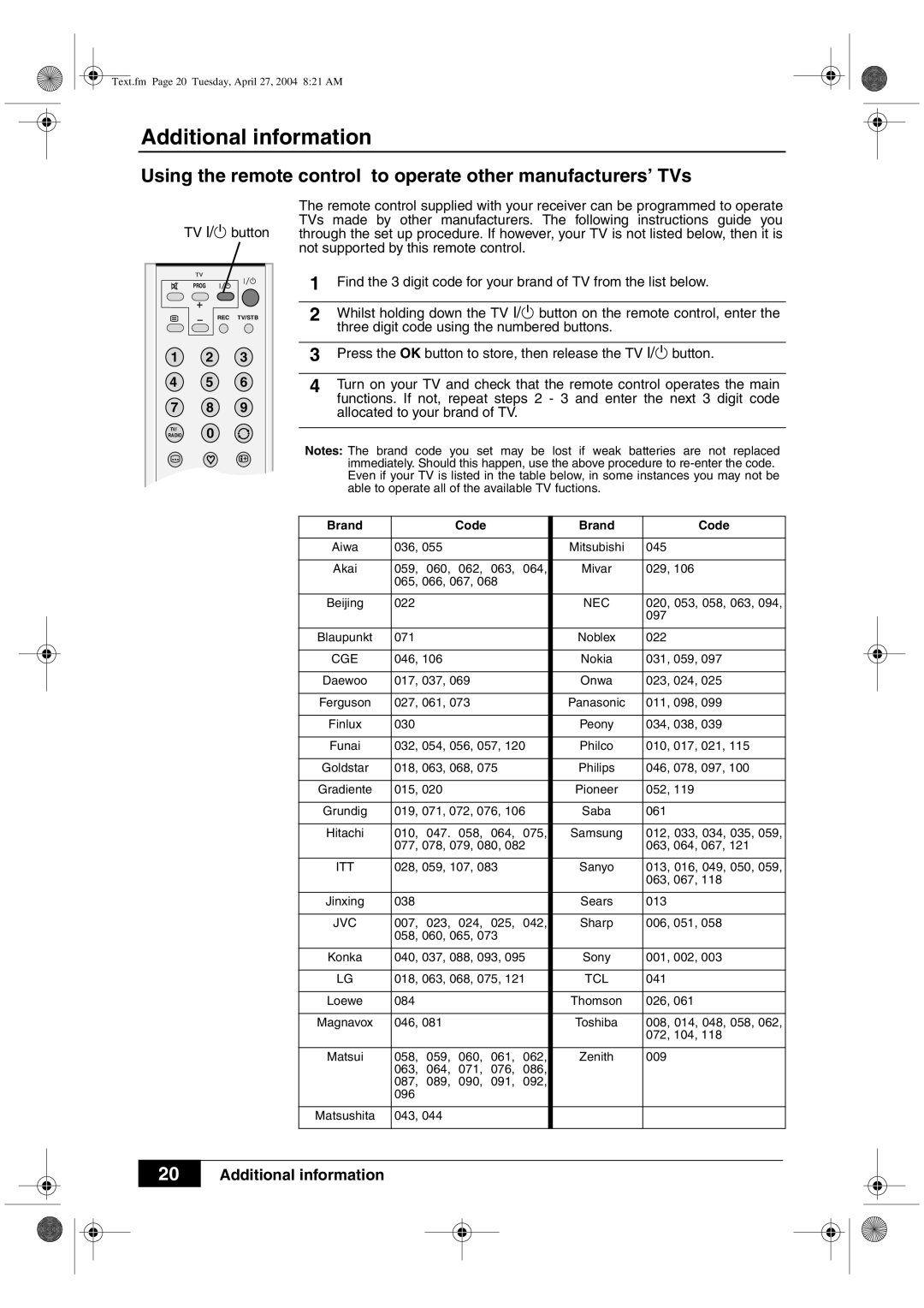 Sony VTX-D800U manual Additional information, Using the remote control to operate other manufacturers’ TVs 