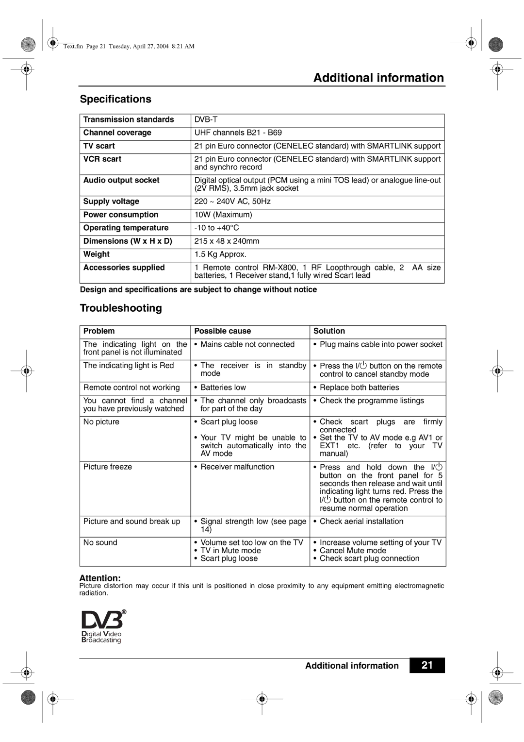 Sony VTX-D800U manual Specifications, Troubleshooting 