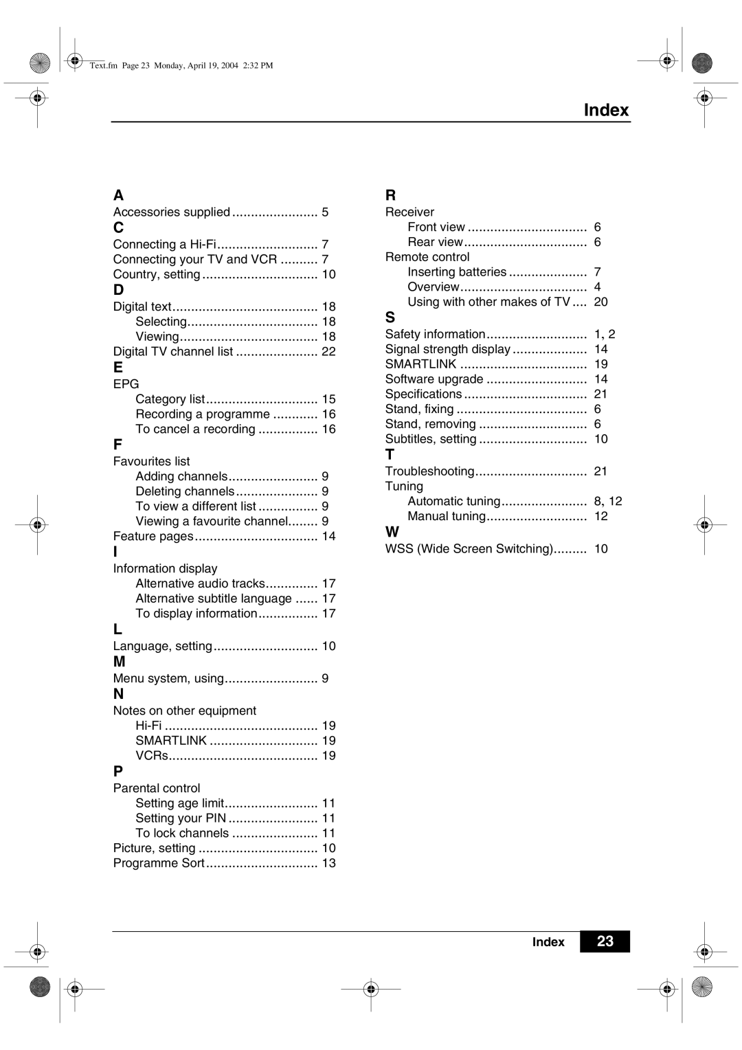 Sony VTX-D800U manual Index, Feature pages 