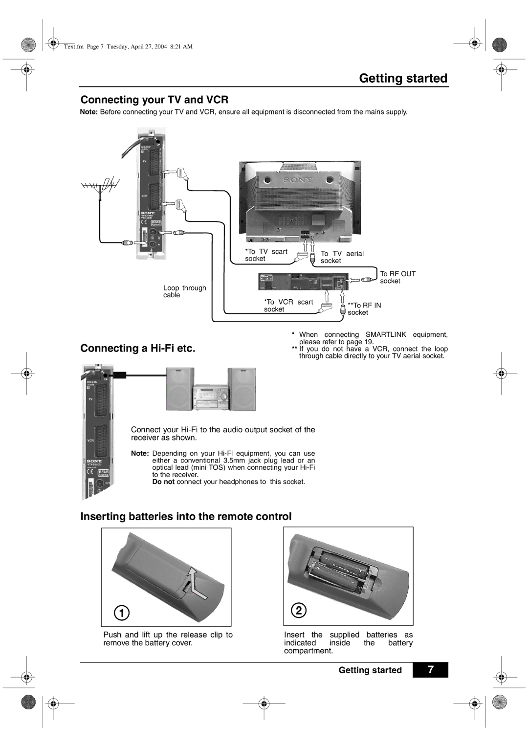 Sony VTX-D800U manual Getting started, Connecting your TV and VCR, Connecting a Hi-Fi etc 