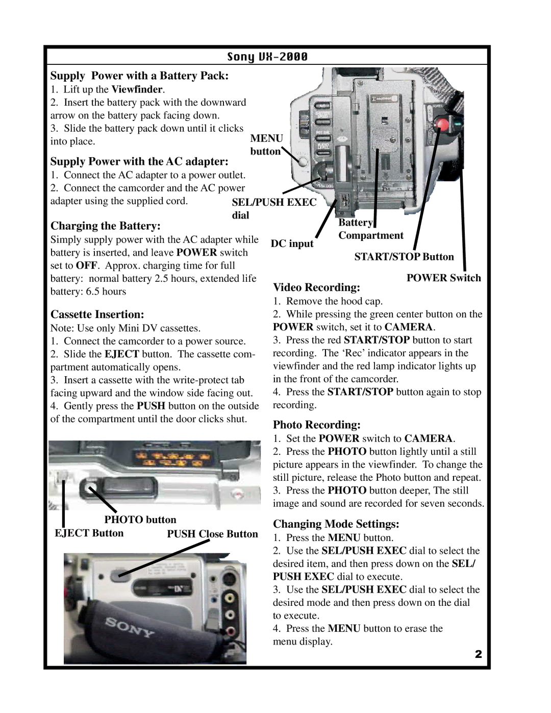 Sony VX-2000 specifications Supply Power with a Battery Pack, Supply Power with the AC adapter 