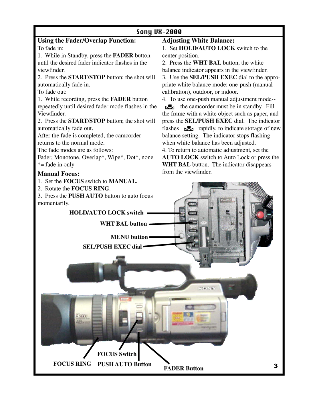 Sony VX-2000 specifications Wht Bal, Fader, Push Auto, Focus Ring 