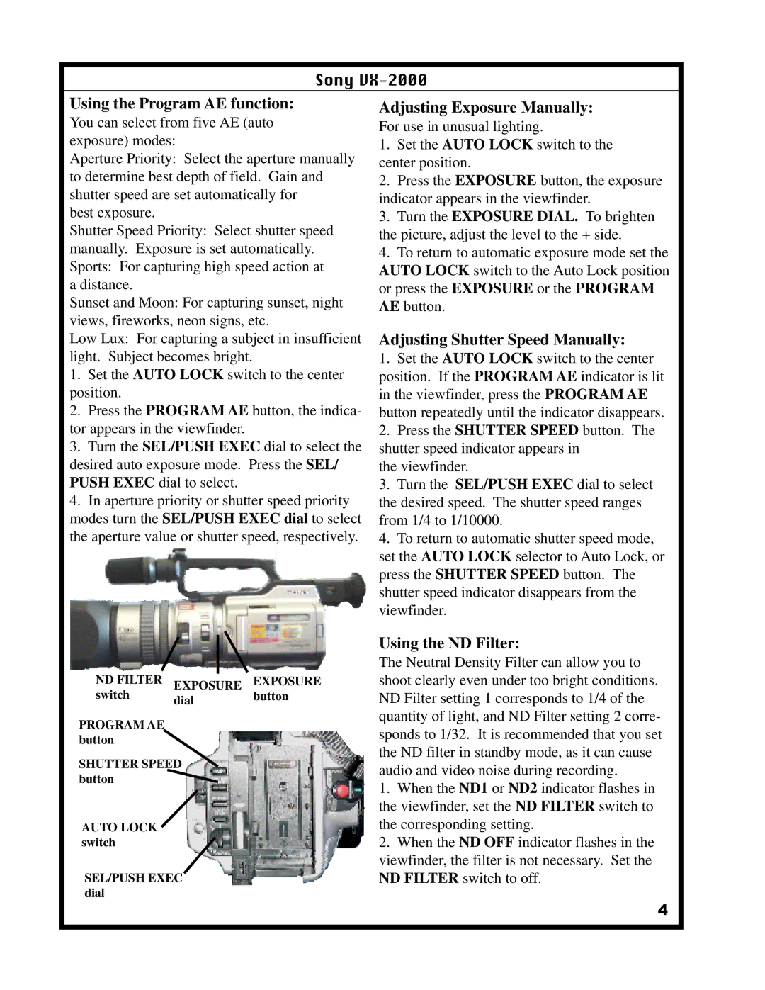 Sony VX-2000 specifications Using the Program AE function, Adjusting Exposure Manually, Adjusting Shutter Speed Manually 