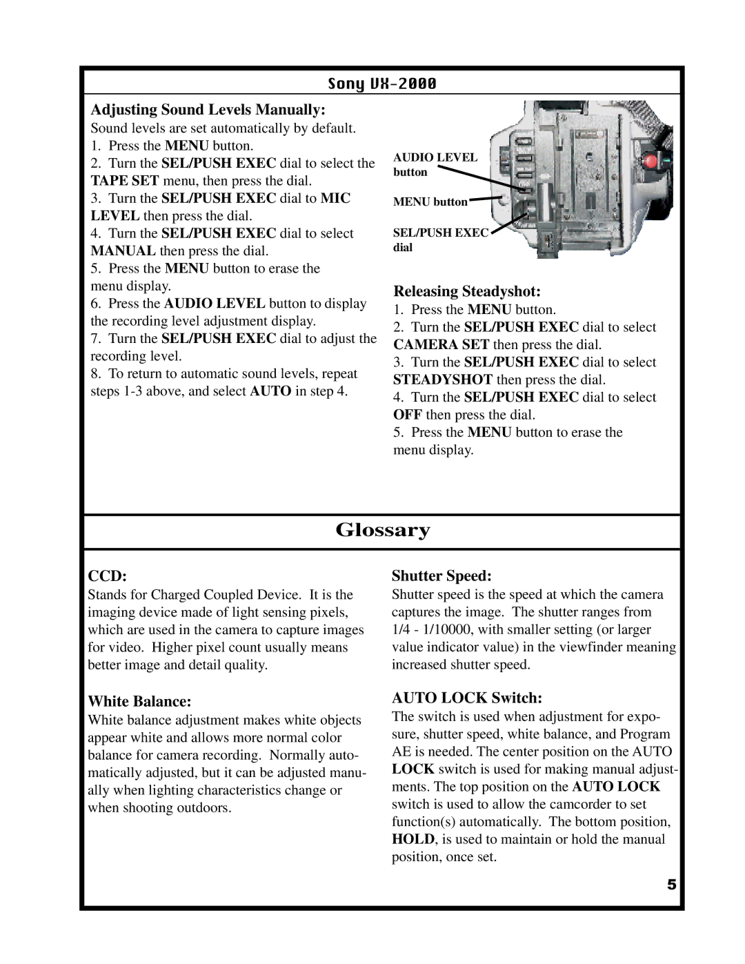 Sony VX-2000 Adjusting Sound Levels Manually, Releasing Steadyshot, Shutter Speed, White Balance Auto Lock Switch 