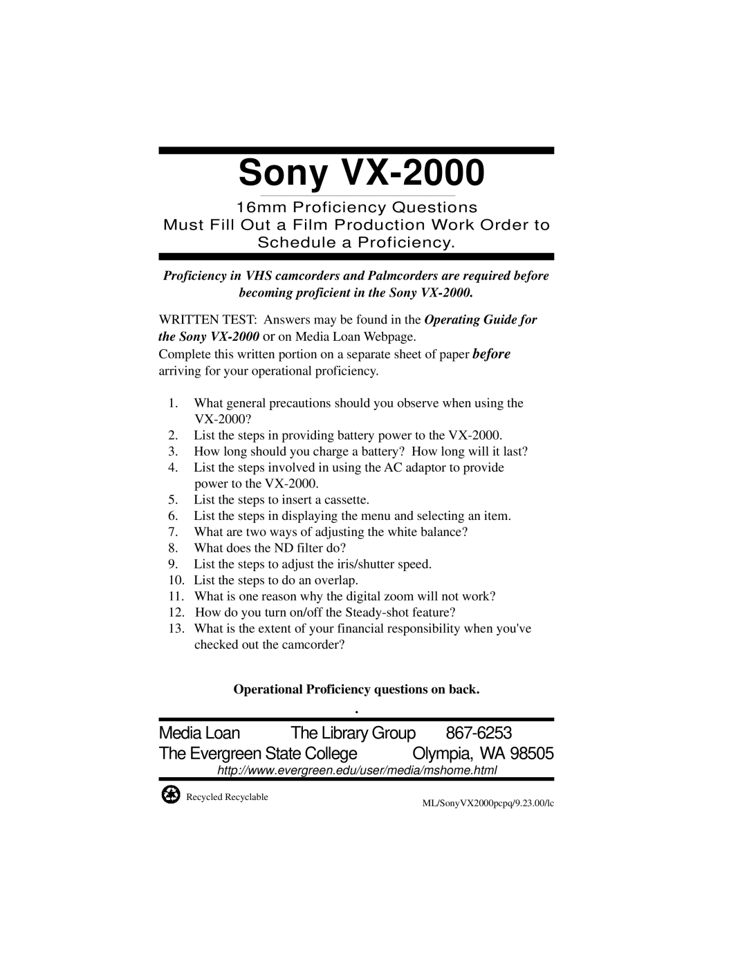 Sony VX-2000 specifications Sony 