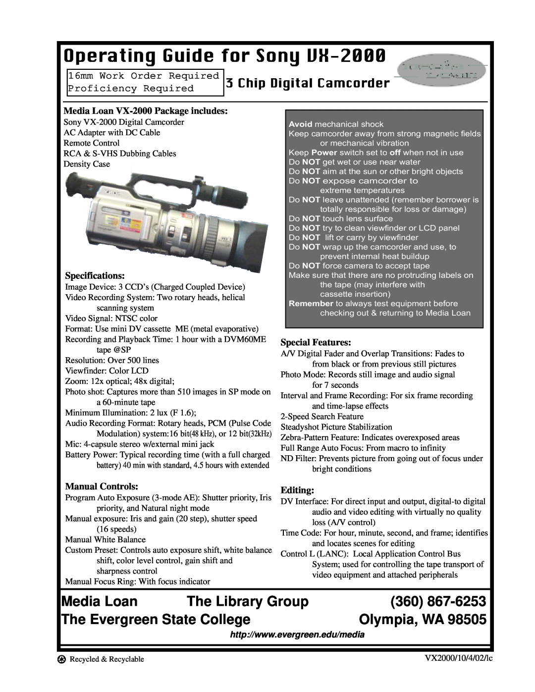 Sony VX-2000 specifications Chip Digital Camcorder, Operating Guide for Sony, Media Loan, Olympia, WA, Specifications 