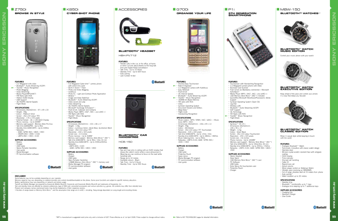 Sony Walkman Phones manual Z750i, K850i, Accessories, G700i, P1i, MBW-150 