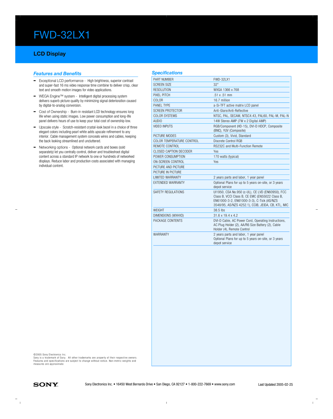 Sony WEGA ENGINE manual Features and Benefits, Specifications 