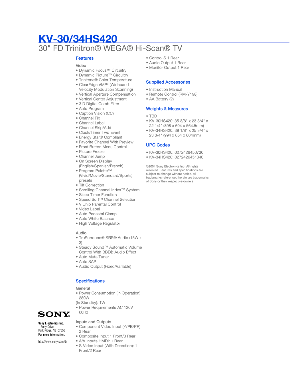 Sony KV-34HS420, WEGA, KV-30 manual Features, Specifications, Supplied Accessories, Weights & Measures, UPC Codes 