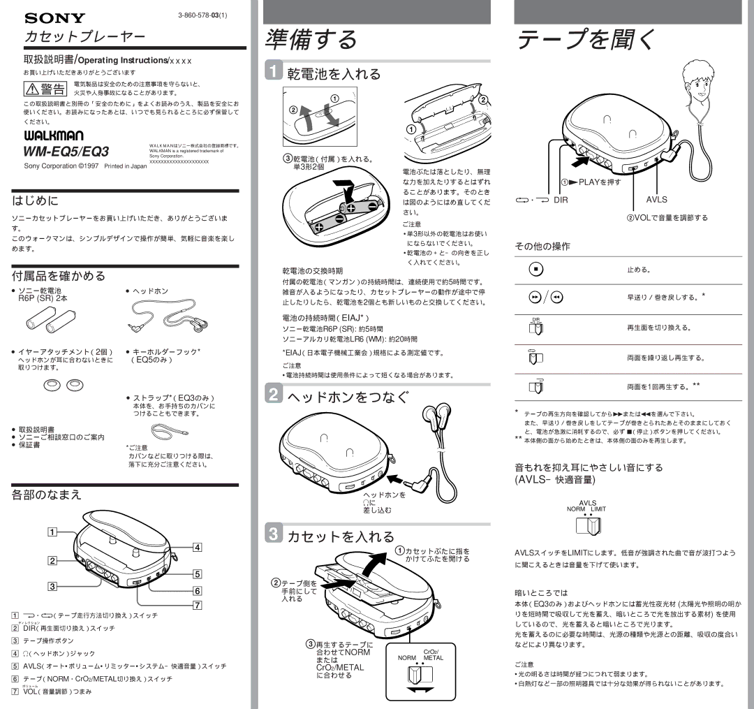 Sony WM-EQ5, WM-EQ3 operating instructions はじめに, 付属品を確かめる, 各部のなまえ 