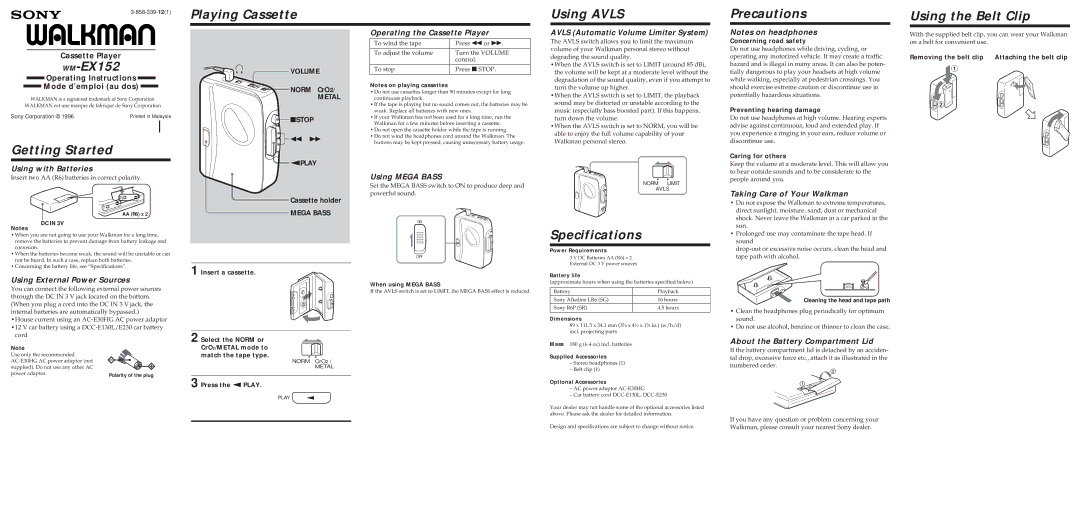 Sony WM-EX152 specifications Playing Cassette Using Avls Precautions Using the Belt Clip, Getting Started, Specifications 