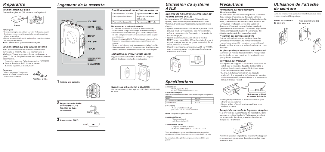 Sony WM-EX152 specifications Spécifications, De ceinture 