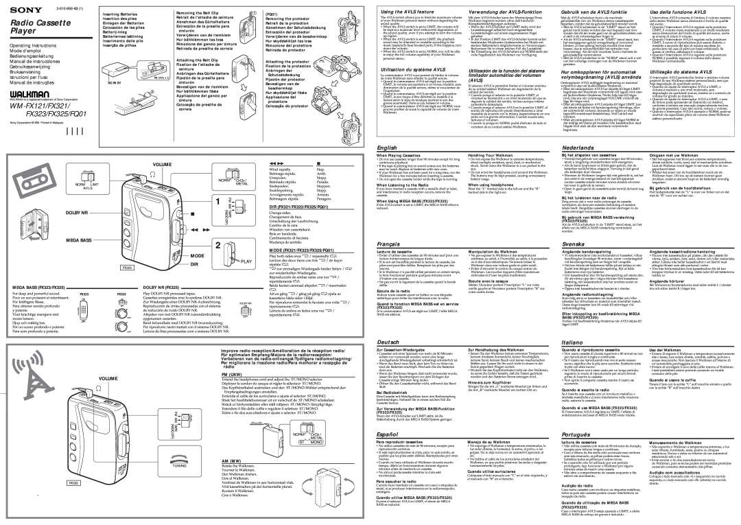 Sony WM-FX321 manual English, Nederlands, Français, Svenska, Deutsch, Italiano, Español, Português, Radio Cassette Player 