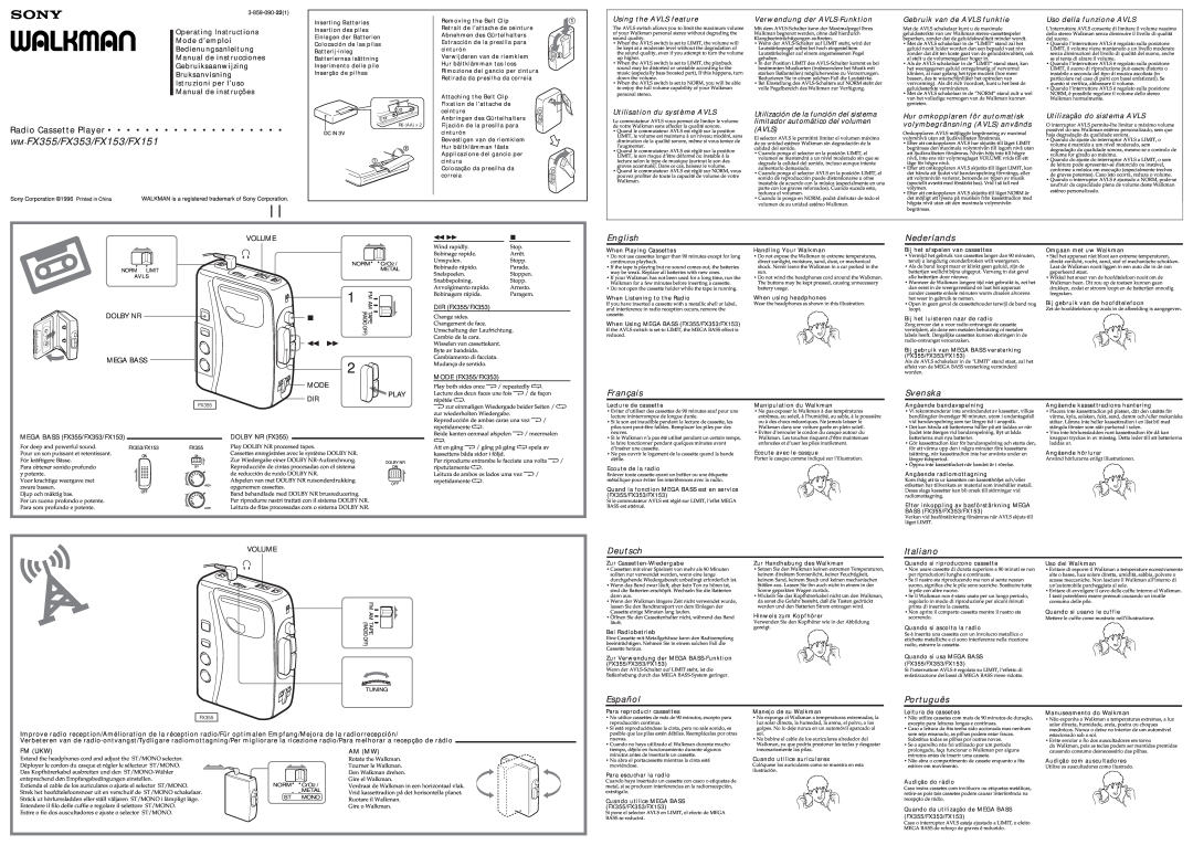 Sony WM-FX153 manual English, Nederlands, Deutsch, Italiano, Español, Português, WM-FX355/FX353/FX153/FX151, Volume, Mode 