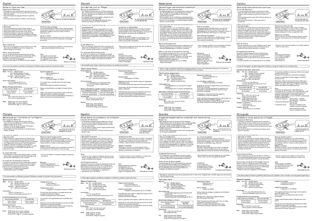 Sony WM-FX153 manual Français, Svenska, English, Deutsch, Nederlands, Italiano, Español, Português 