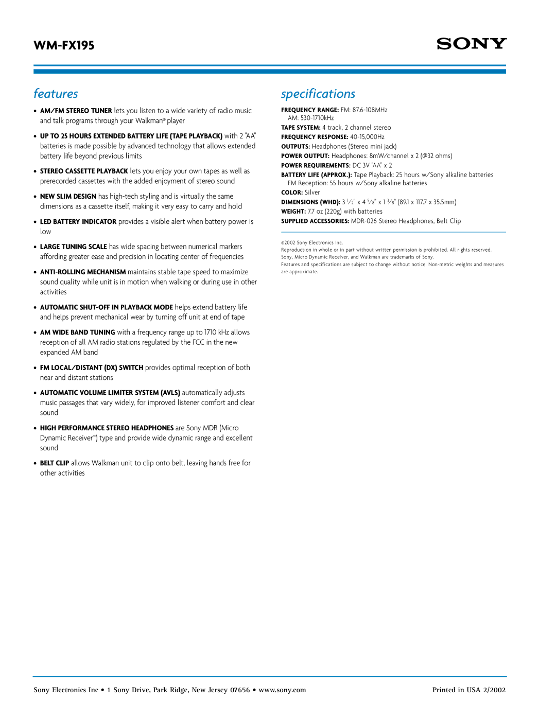 Sony WM-FX195 manual Features, Specifications 