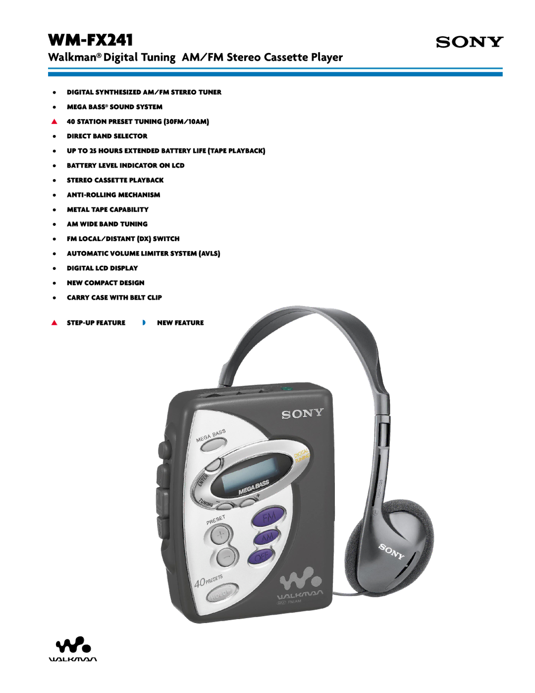 Sony WM-FX241 manual Walkman Digital Tuning AM/FM Stereo Cassette Player 