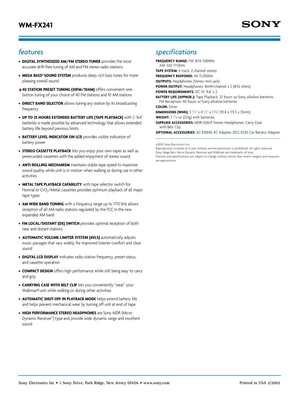 Sony WM-FX241 manual Features, Specifications 