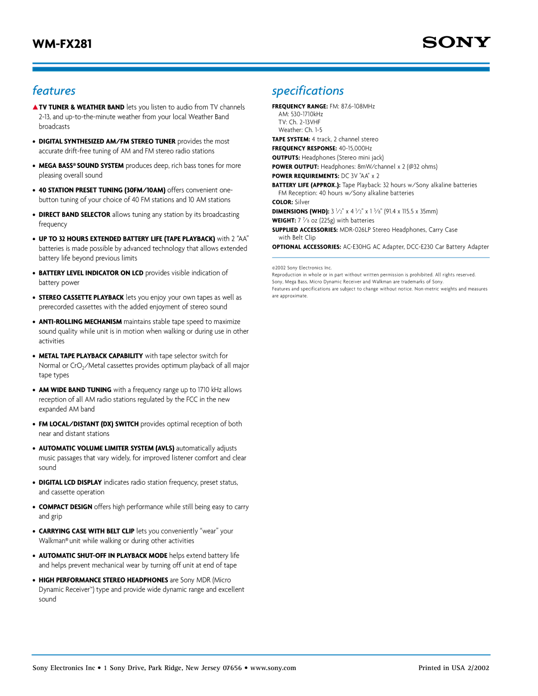 Sony WM-FX281 manual Features, Specifications 