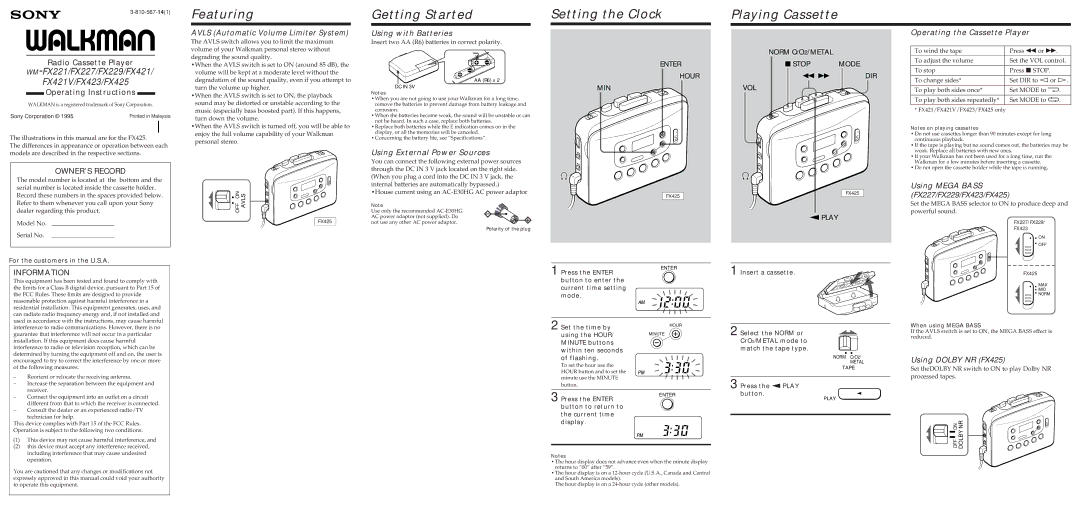 Sony WM-FX421V operating instructions Using with Batteries, Using External Power Sources, Operating the Cassette Player 