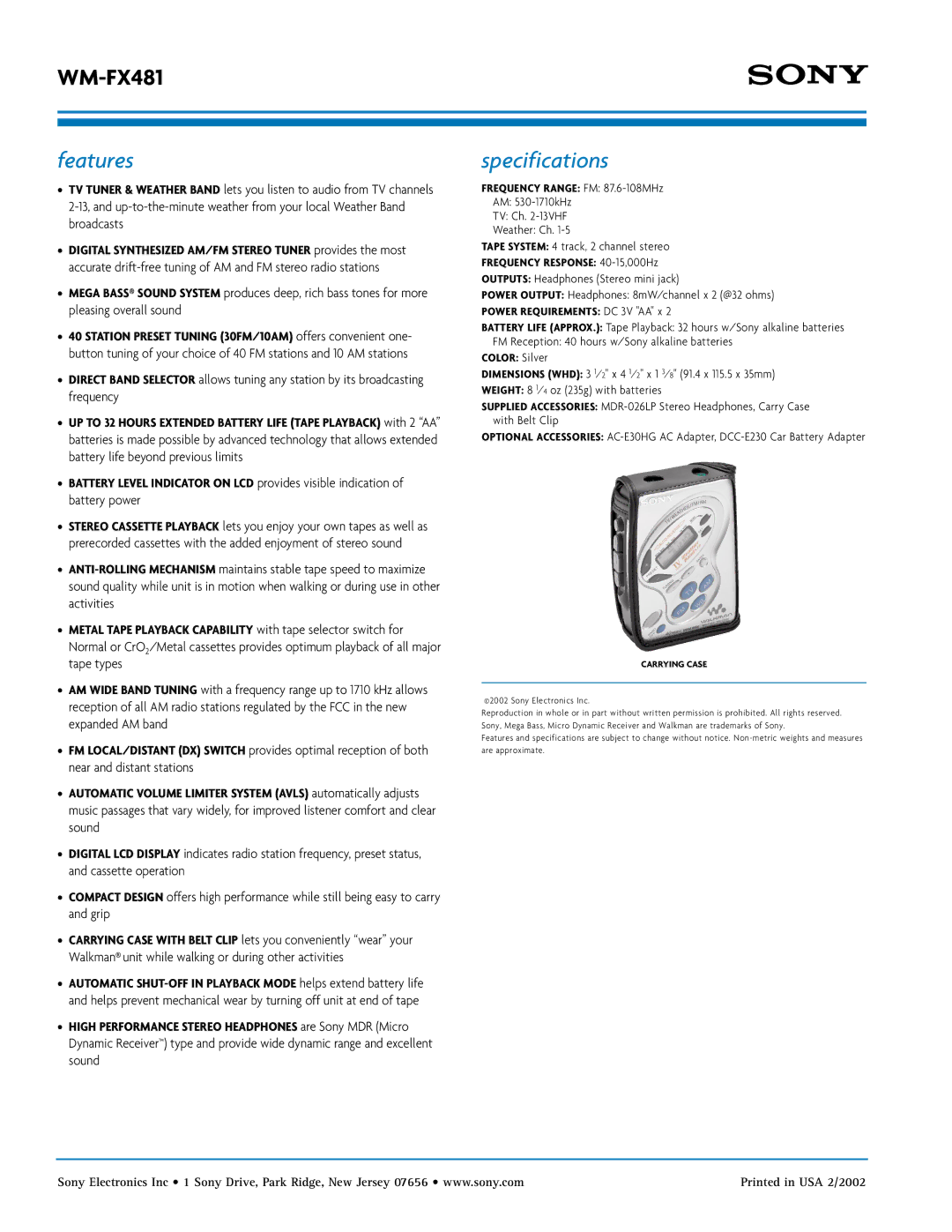 Sony WM-FX481 manual Features, Specifications 