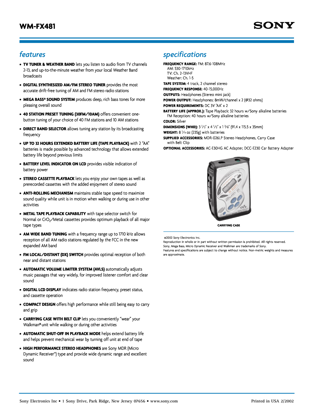 Sony WM-FX481 manual features, specifications 