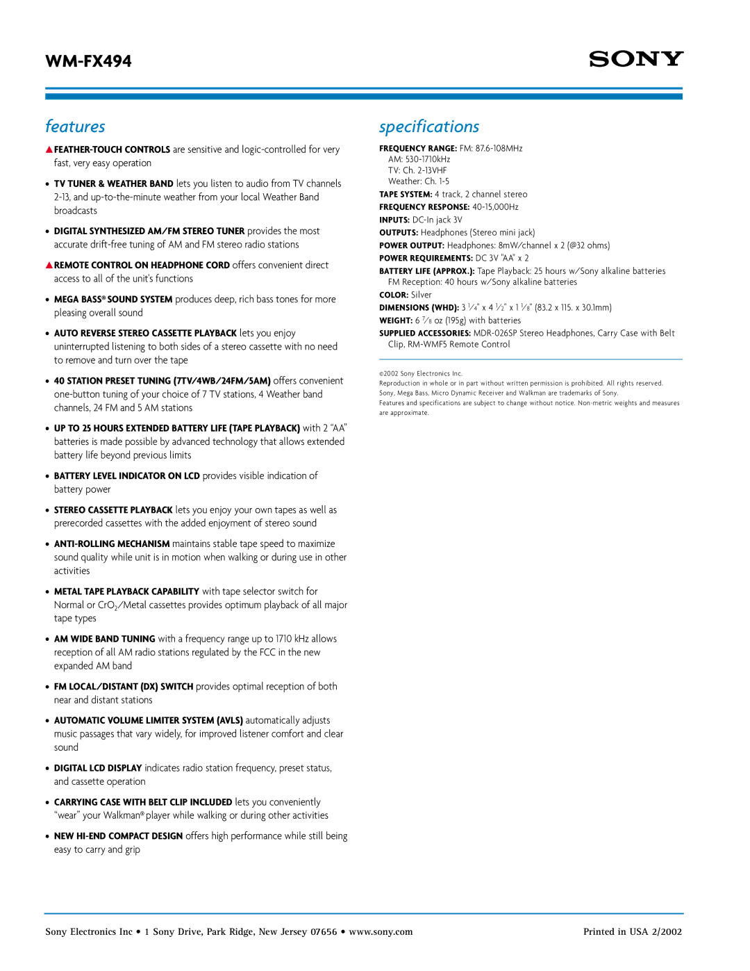 Sony WM-FX494 manual Features, Specifications, To remove and turn over the tape 