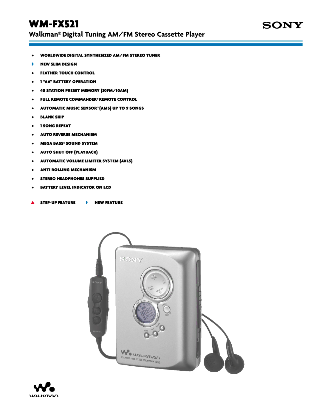 Sony WM-FX521 manual Walkman Digital Tuning AM/FM Stereo Cassette Player 