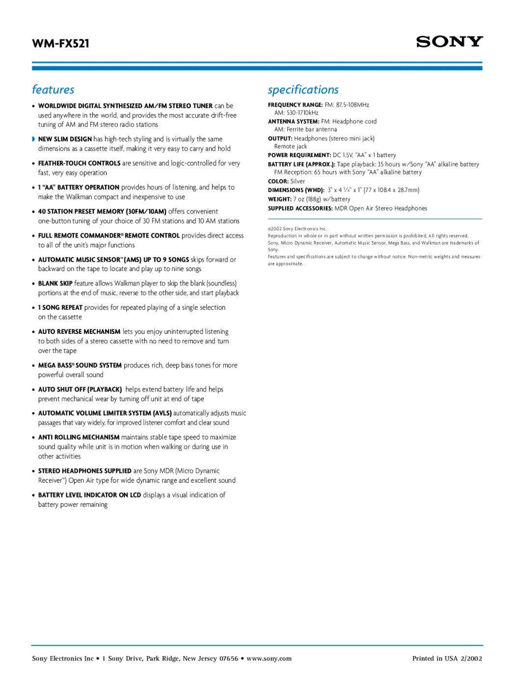 Sony WM-FX521 manual Features, Specifications, AM 530-1710kHz, Antenna System FM Headphone cord AM Ferrite bar antenna 
