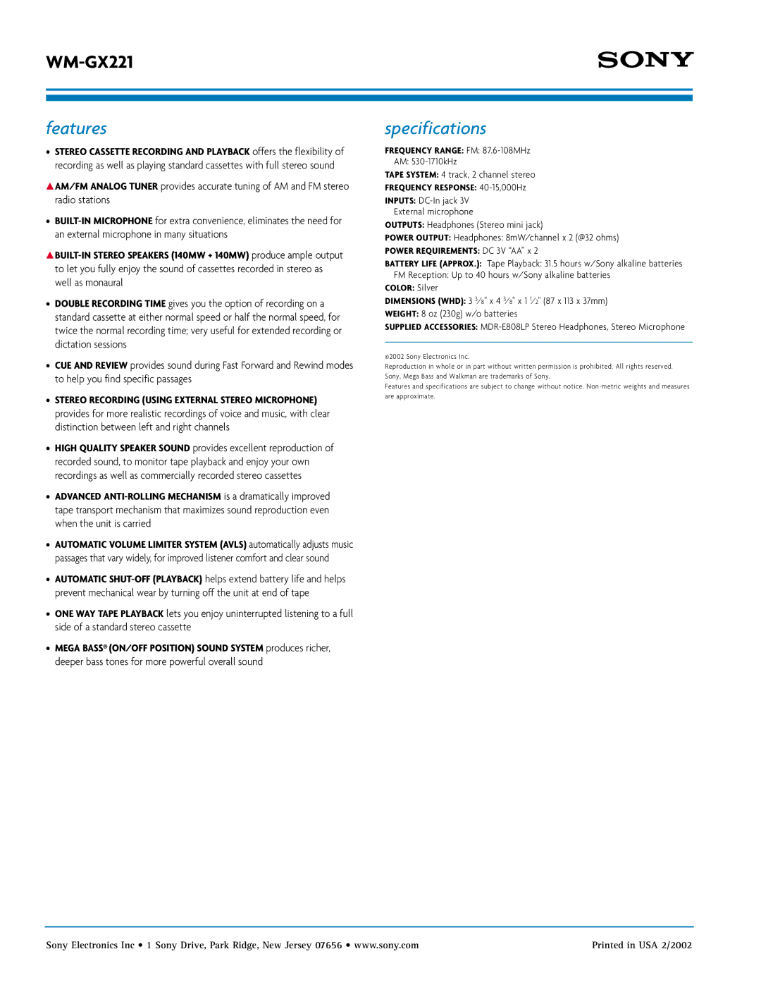 Sony WM-GX221 manual Features, Specifications 