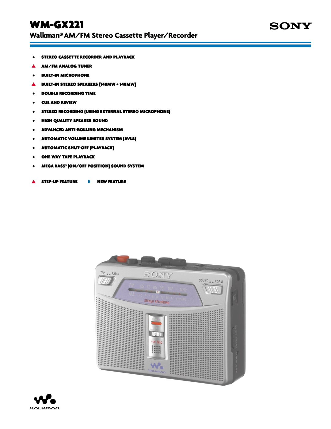 Sony WM-GX221 manual Walkman AM/FM Stereo Cassette Player/Recorder 