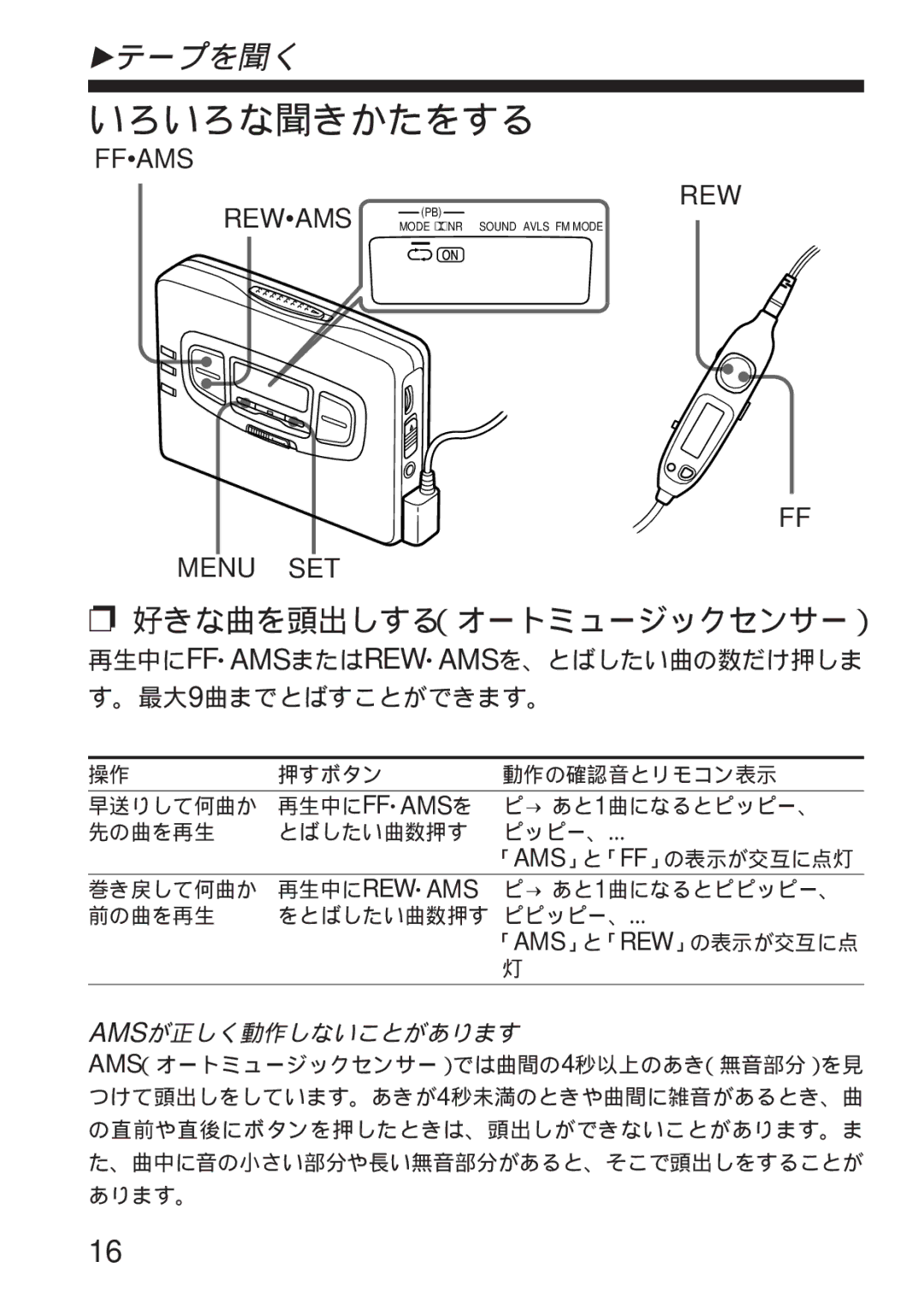 Sony WM-GX655 operating instructions いろいろな聞きかたをする, 好きな曲を頭出しする（オートミュージックセンサー） 