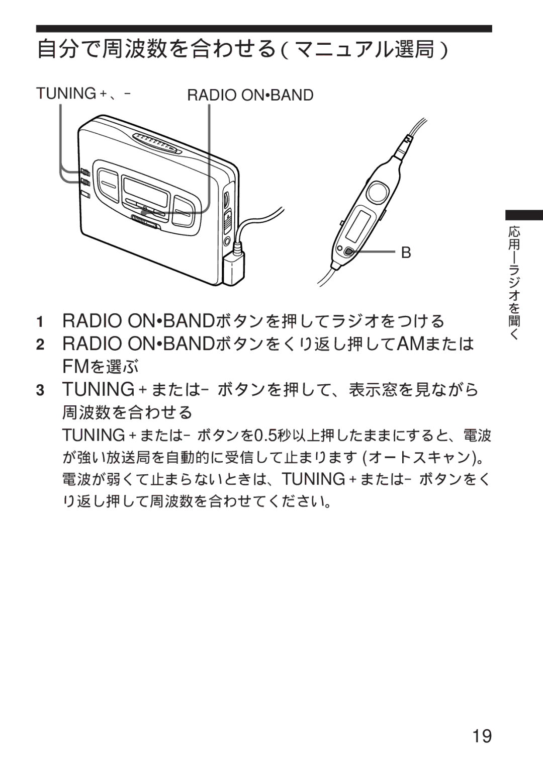 Sony WM-GX655 自分で周波数を合わせる（マニュアル選局）, Radio ONBANDボタンを押してラジオをつける, Fmを選ぶ Tuning＋または－ボタンを押して、表示窓を見ながら 周波数を合わせる 