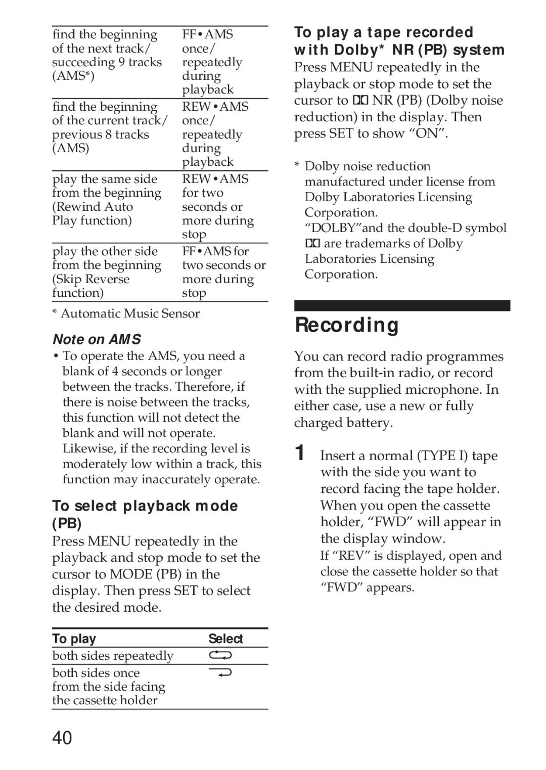 Sony WM-GX655 Recording, To select playback mode PB, To play a tape recorded with Dolby* NR PB system 