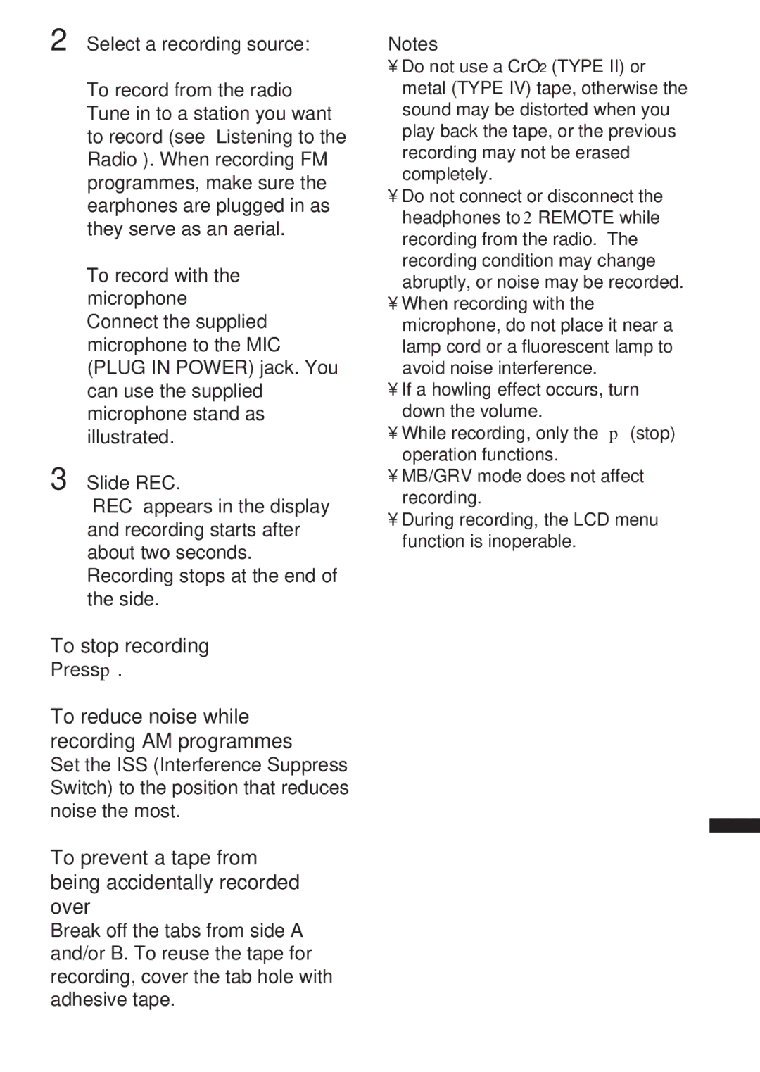 Sony WM-GX655 operating instructions To stop recording, To reduce noise while recording AM programmes 